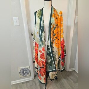 Floral Lightweight Kimono Shawl with Orange & Green Blooms